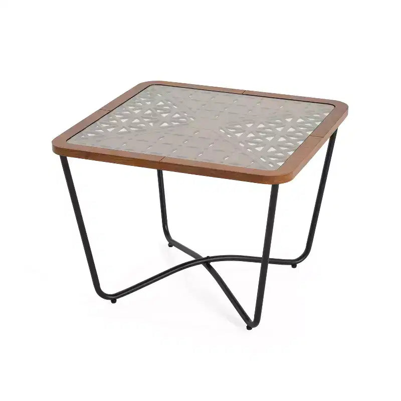 Tavolino da caffè quadrato moderno da 23 pollici Piano in vetro temperato con motivo geometrico intagliato Adatto per soggiorni Nero-marrone