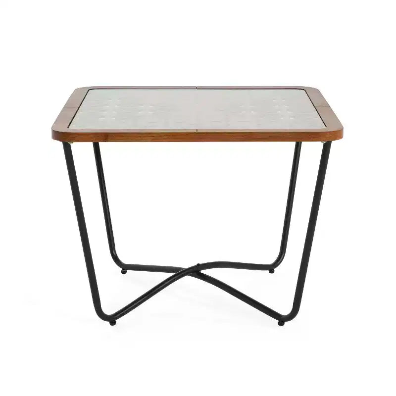 Tavolino da caffè quadrato moderno da 23 pollici Piano in vetro temperato con motivo geometrico intagliato Adatto per soggiorni Nero-marrone