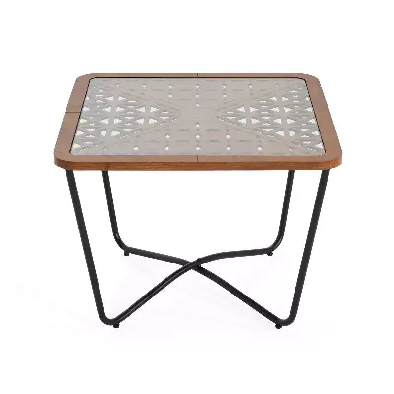Tavolino da caffè quadrato moderno da 23 pollici Piano in vetro temperato con motivo geometrico intagliato Adatto per soggiorni Nero-marrone