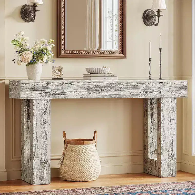 Lantine 63 Farmhouse Console Table, Rectangular Wooden Accent Table in Distressed White for Entrance, Hallway & Living Room.