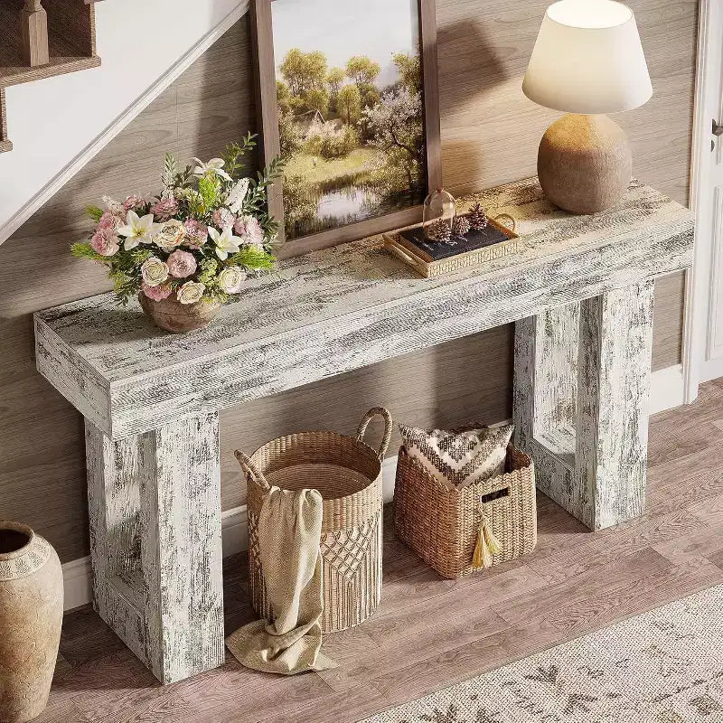 Tavolo console da fattoria da 63 pollici, tavolo d'accento rettangolare in legno bianco anticato per ingresso, corridoio e soggiorno.