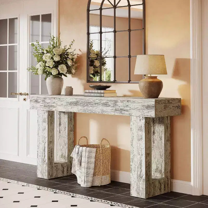 Tavolo console da fattoria da 63 pollici, tavolo d'accento rettangolare in legno bianco anticato per ingresso, corridoio e soggiorno.