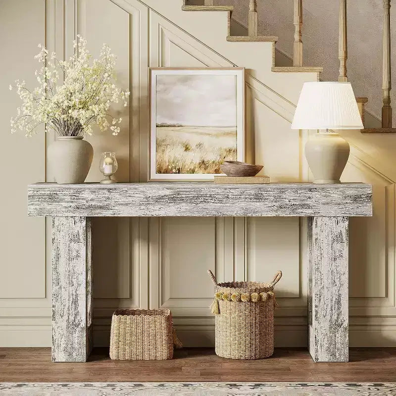 Tavolo console da fattoria da 63 pollici, tavolo d'accento rettangolare in legno bianco anticato per ingresso, corridoio e soggiorno.