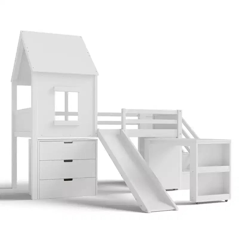 Letto a soppalco singolo con 3 cassetti e scala contenitore, struttura a casetta in legno con scivolo e scrivania rimovibile