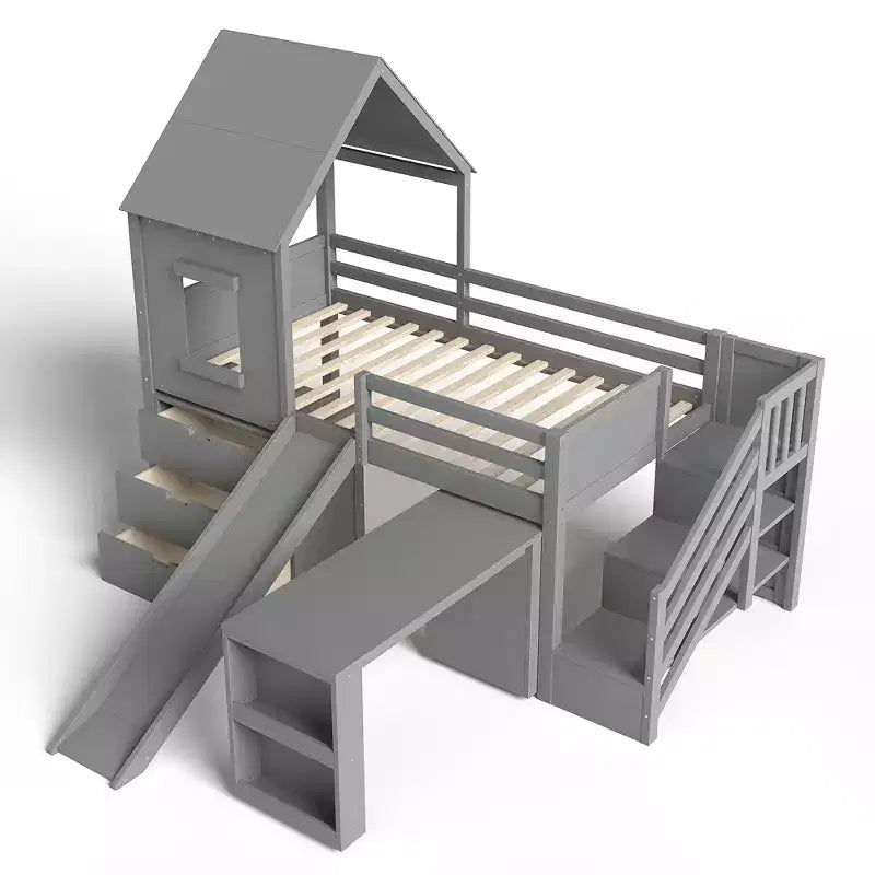Letto a soppalco singolo con 3 cassetti e scala contenitore, struttura a casetta in legno con scivolo e scrivania rimovibile