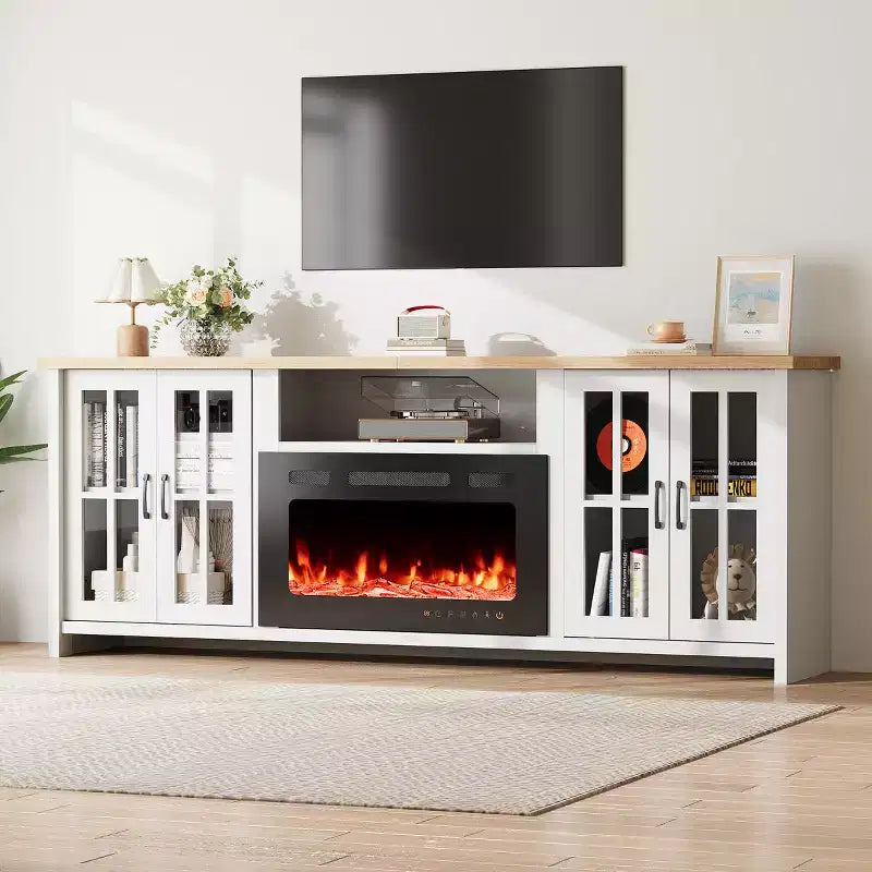 EROMMY 78 Fireplace Tv Stand With Fireplace For Tvs Up To 90, Farmhouse Tv Stand With Large Storage Space, Led Lights & Adjustable Shelves