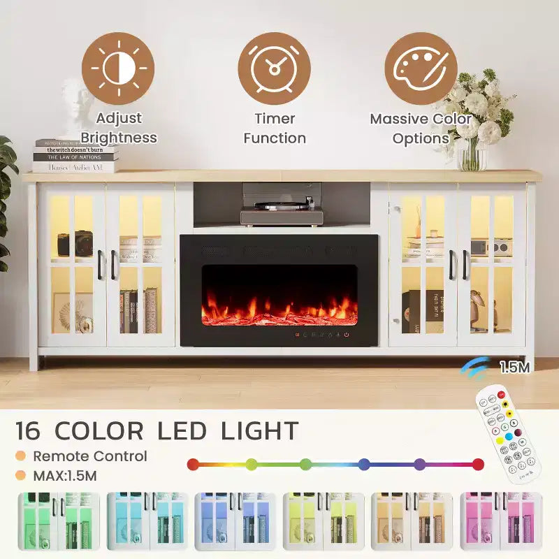 EROMMY 78 Fireplace Tv Stand With Fireplace For Tvs Up To 90, Farmhouse Tv Stand With Large Storage Space, Led Lights & Adjustable Shelves