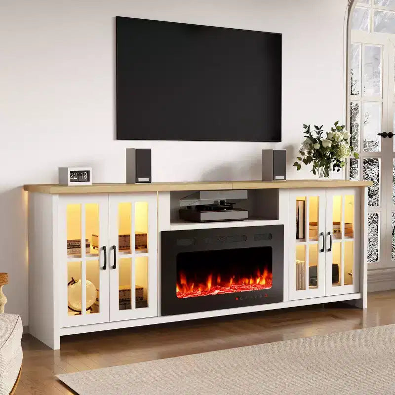 EROMMY 78 Fireplace Tv Stand With Fireplace For Tvs Up To 90, Farmhouse Tv Stand With Large Storage Space, Led Lights & Adjustable Shelves