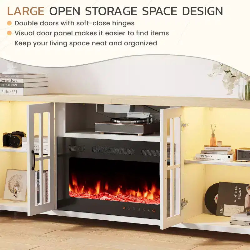 EROMMY 78 Fireplace Tv Stand With Fireplace For Tvs Up To 90, Farmhouse Tv Stand With Large Storage Space, Led Lights & Adjustable Shelves