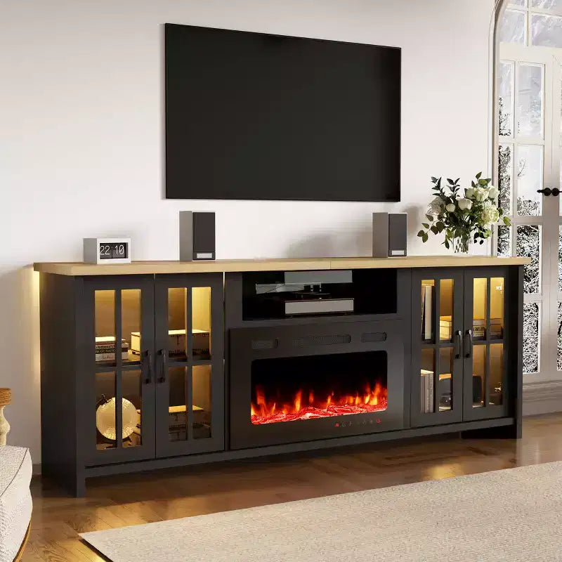 EROMMY 78 Fireplace Tv Stand With Fireplace For Tvs Up To 90, Farmhouse Tv Stand With Large Storage Space, Led Lights & Adjustable Shelves