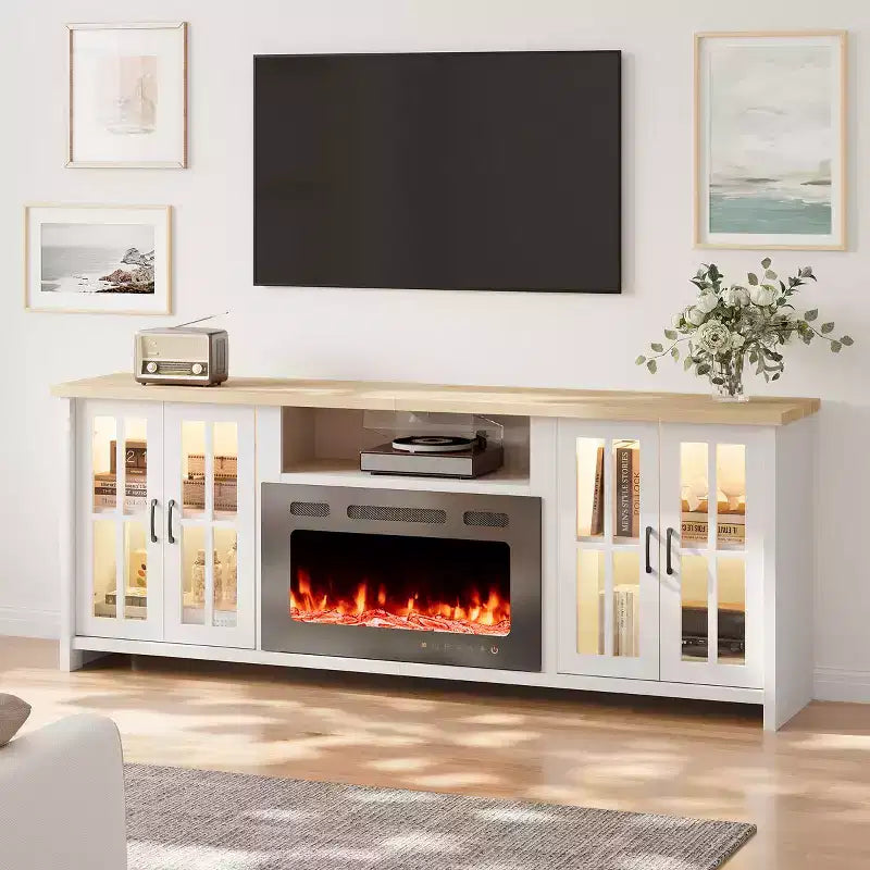 EROMMY 78 Fireplace Tv Stand With Fireplace For Tvs Up To 90, Farmhouse Tv Stand With Large Storage Space, Led Lights & Adjustable Shelves