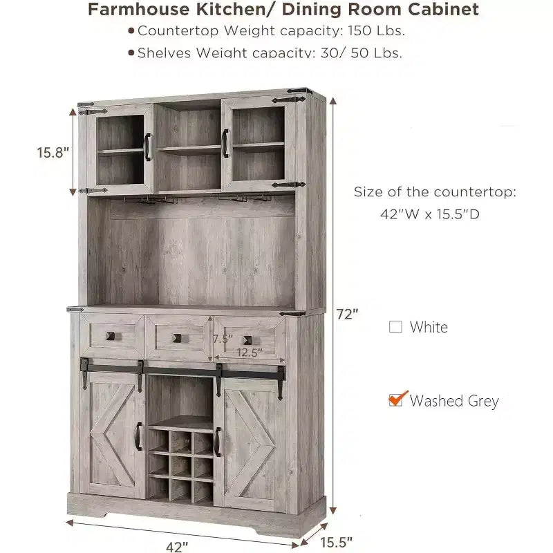 Mobile Bar Alto da 72" Stile Farmhouse con Anta Scorrevole a Fienile, Credenza Alta da Cucina con Mobile Dispensa e 3 Cassetti, Armadietto Rustico per Vini