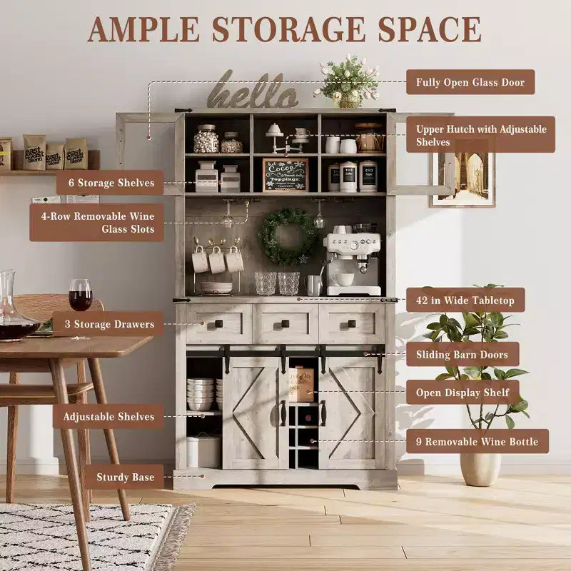 Mobile Bar Alto da 72" Stile Farmhouse con Anta Scorrevole a Fienile, Credenza Alta da Cucina con Mobile Dispensa e 3 Cassetti, Armadietto Rustico per Vini