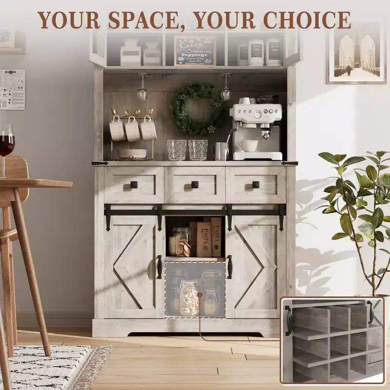 Mobile Bar Alto da 72" Stile Farmhouse con Anta Scorrevole a Fienile, Credenza Alta da Cucina con Mobile Dispensa e 3 Cassetti, Armadietto Rustico per Vini