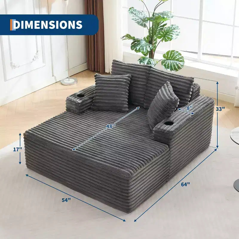 Poltrona chaise longue oversize 64", divano letto imbottito con portabicchieri, divano letto senza struttura per soggiorno, nessun assemblaggio richiesto