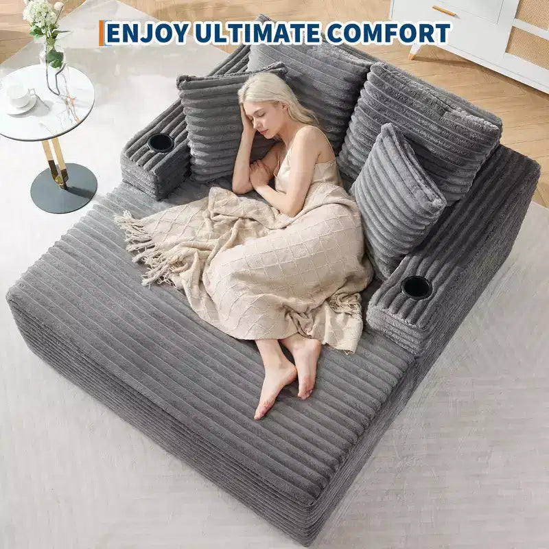 Poltrona chaise longue oversize 64", divano letto imbottito con portabicchieri, divano letto senza struttura per soggiorno, nessun assemblaggio richiesto