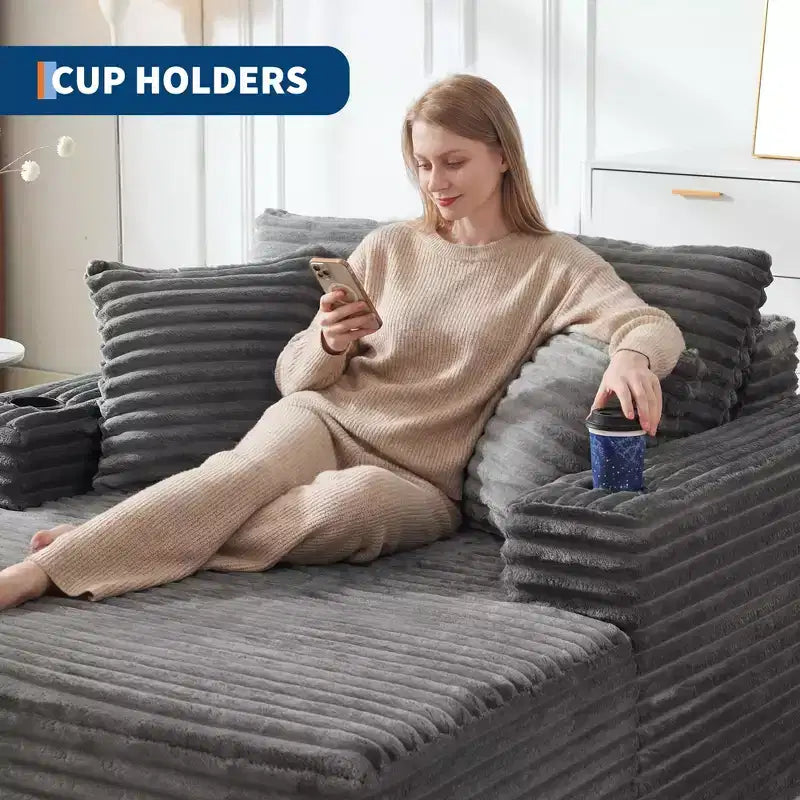 Poltrona chaise longue oversize 64", divano letto imbottito con portabicchieri, divano letto senza struttura per soggiorno, nessun assemblaggio richiesto