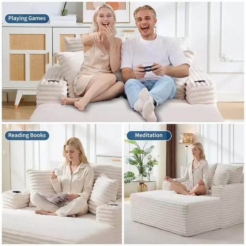 Poltrona chaise longue oversize 64", divano letto imbottito con portabicchieri, divano letto senza struttura per soggiorno, nessun assemblaggio richiesto