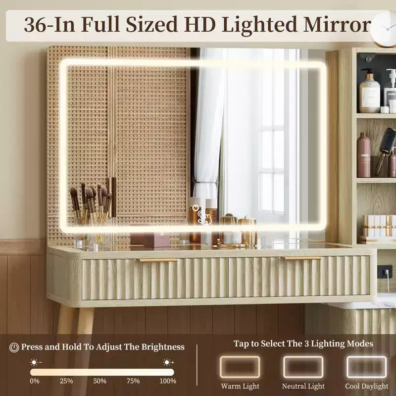 Tavolo da Trucco da 91 cm con Specchio Illuminato, Tavolo da Trucco in Legno con Cassetti, Finitura Bianca e Quercia, Specchio LED per Camera da Letto