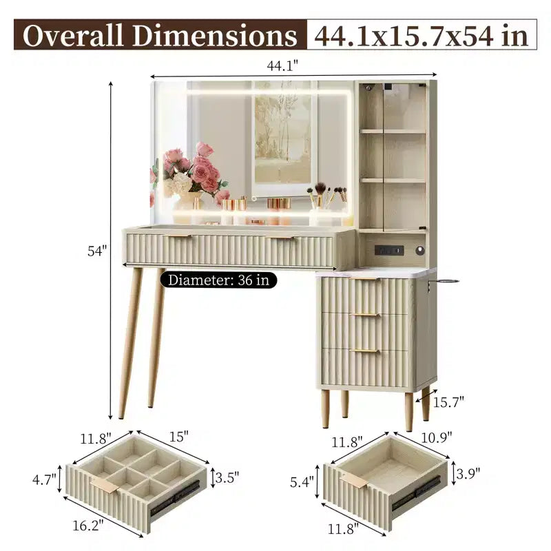 Tavolo da Trucco da 91 cm con Specchio Illuminato, Tavolo da Trucco in Legno con Cassetti, Finitura Bianca e Quercia, Specchio LED per Camera da Letto