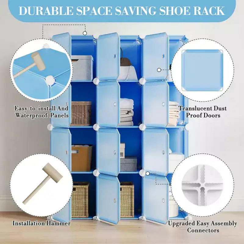 Modular Shoe Rack, Space-saving, 12 Stackable Cubes with Doors, 4-tier Stackable Portable Shoe Organizer, for Bedroom, Living Room