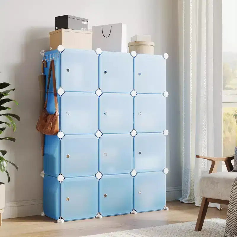 Modular Shoe Rack, Space-saving, 12 Stackable Cubes with Doors, 4-tier Stackable Portable Shoe Organizer, for Bedroom, Living Room