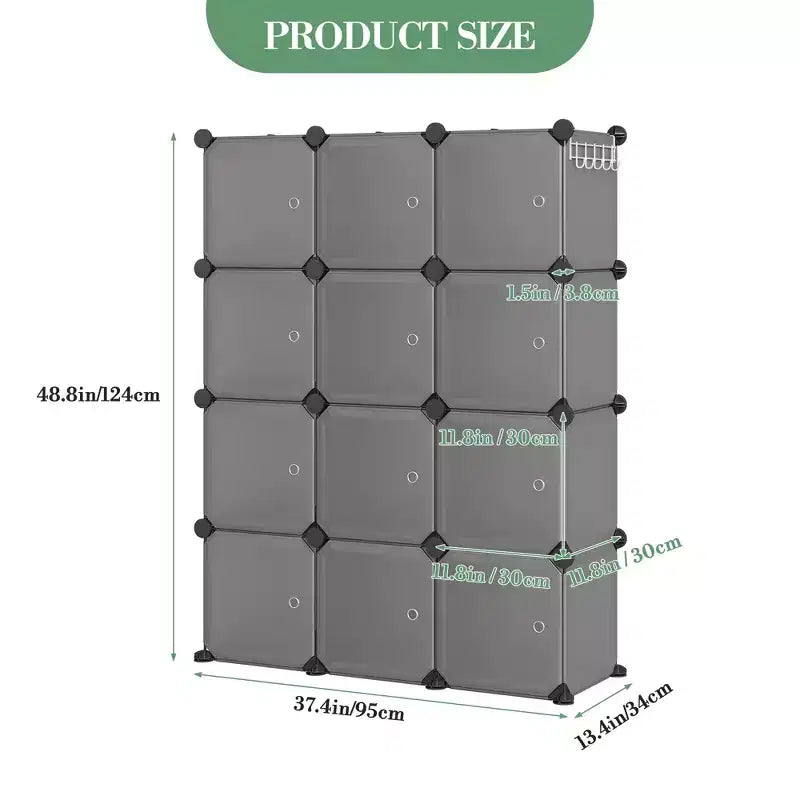Modular Shoe Rack, Space-saving, 12 Stackable Cubes with Doors, 4-tier Stackable Portable Shoe Organizer, for Bedroom, Living Room