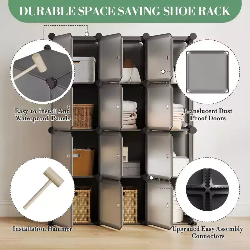Modular Shoe Rack, Space-saving, 12 Stackable Cubes with Doors, 4-tier Stackable Portable Shoe Organizer, for Bedroom, Living Room