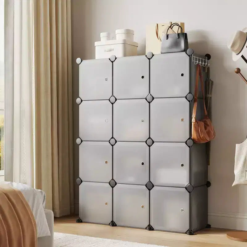 Modular Shoe Rack, Space-saving, 12 Stackable Cubes with Doors, 4-tier Stackable Portable Shoe Organizer, for Bedroom, Living Room