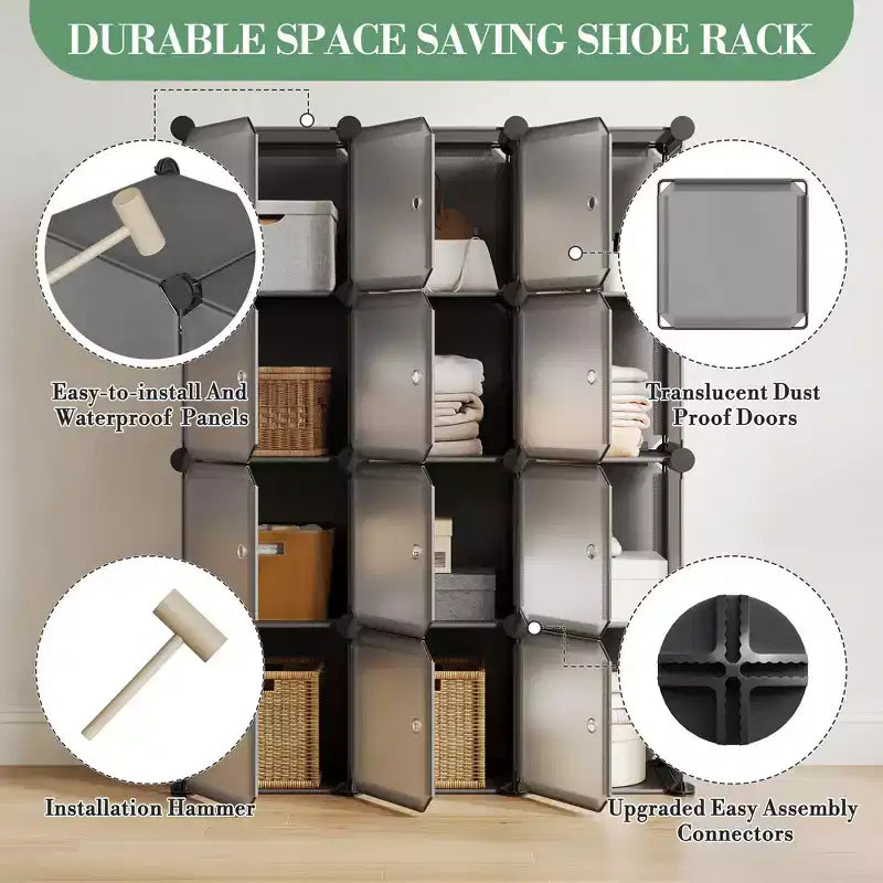 Modular Shoe Rack, Space-saving, 12 Stackable Cubes with Doors, 4-tier Stackable Portable Shoe Organizer, for Bedroom, Living Room