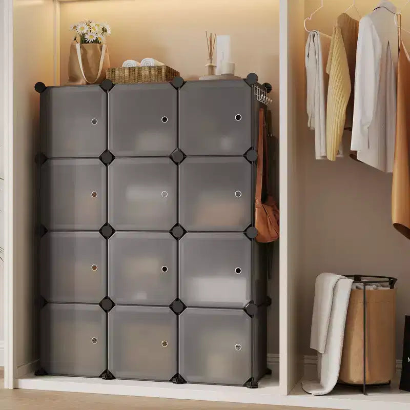 Modular Shoe Rack, Space-saving, 12 Stackable Cubes with Doors, 4-tier Stackable Portable Shoe Organizer, for Bedroom, Living Room