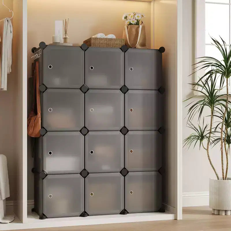 Modular Shoe Rack, Space-saving, 12 Stackable Cubes with Doors, 4-tier Stackable Portable Shoe Organizer, for Bedroom, Living Room