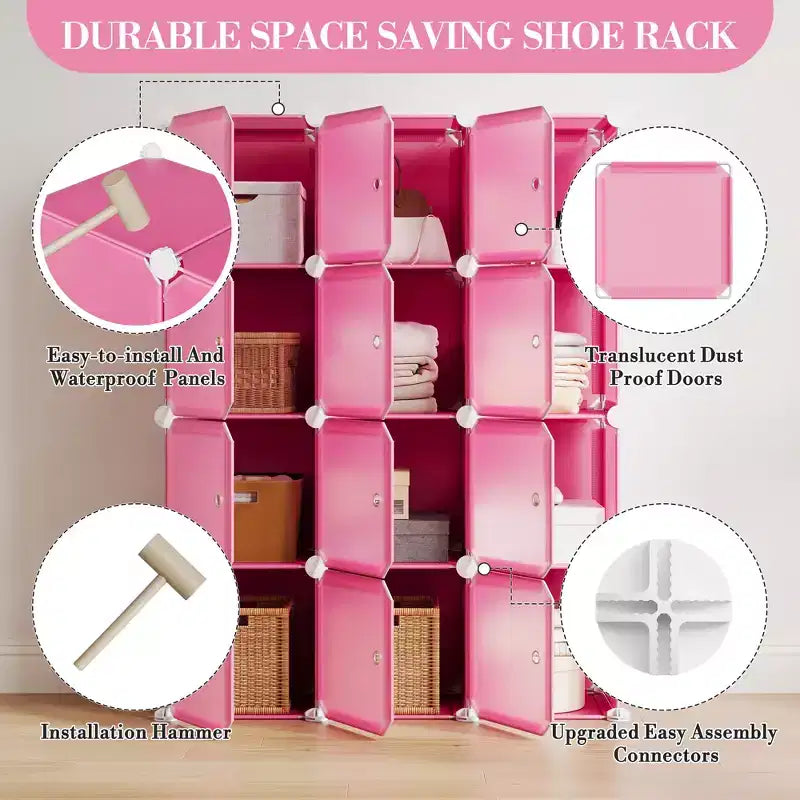 Modular Shoe Rack, Space-saving, 12 Stackable Cubes with Doors, 4-tier Stackable Portable Shoe Organizer, for Bedroom, Living Room
