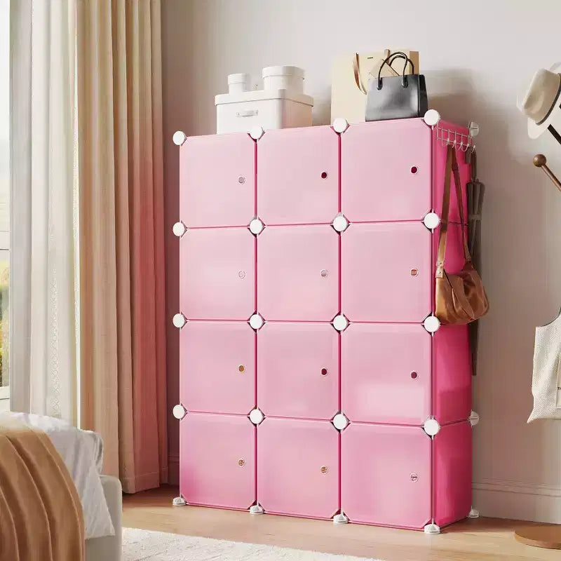 Modular Shoe Rack, Space-saving, 12 Stackable Cubes with Doors, 4-tier Stackable Portable Shoe Organizer, for Bedroom, Living Room