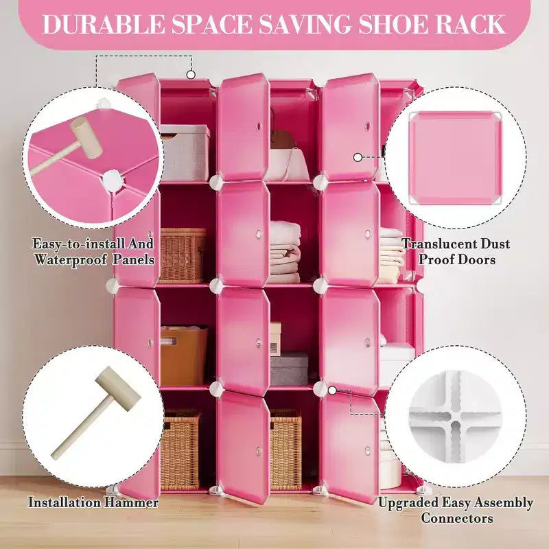Modular Shoe Rack, Space-saving, 12 Stackable Cubes with Doors, 4-tier Stackable Portable Shoe Organizer, for Bedroom, Living Room