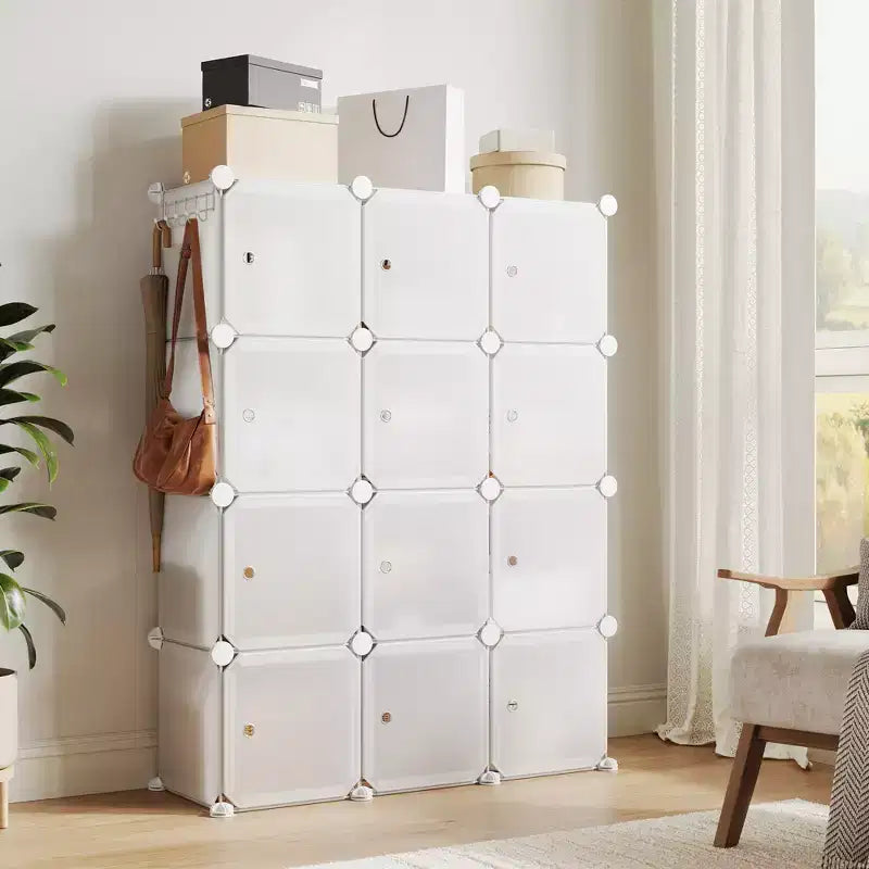 Modular Shoe Rack, Space-saving, 12 Stackable Cubes with Doors, 4-tier Stackable Portable Shoe Organizer, for Bedroom, Living Room