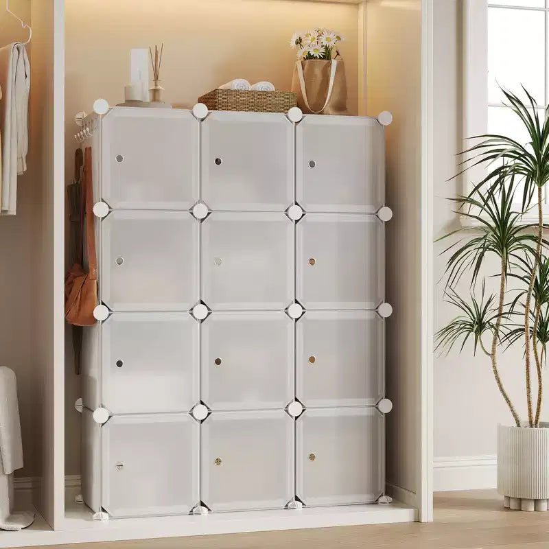 Modular Shoe Rack, Space-saving, 12 Stackable Cubes with Doors, 4-tier Stackable Portable Shoe Organizer, for Bedroom, Living Room
