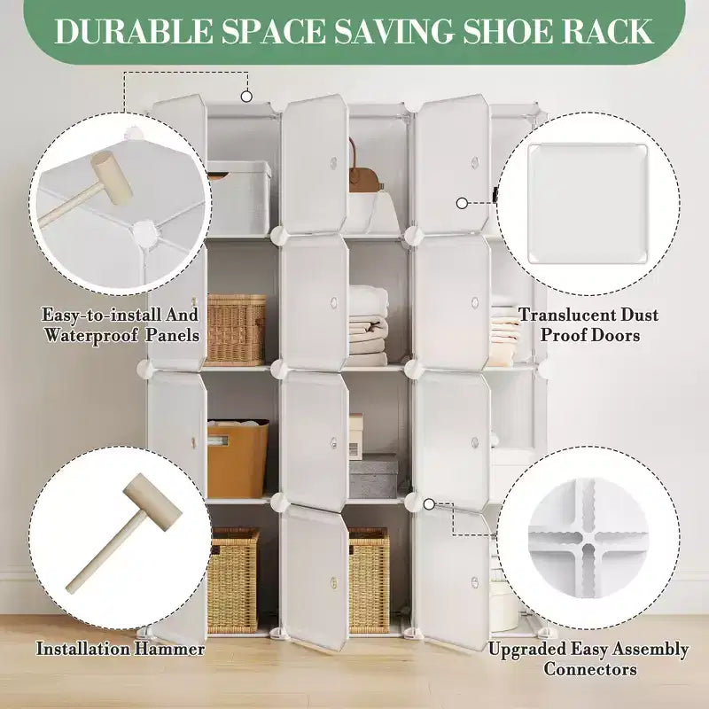 Modular Shoe Rack, Space-saving, 12 Stackable Cubes with Doors, 4-tier Stackable Portable Shoe Organizer, for Bedroom, Living Room