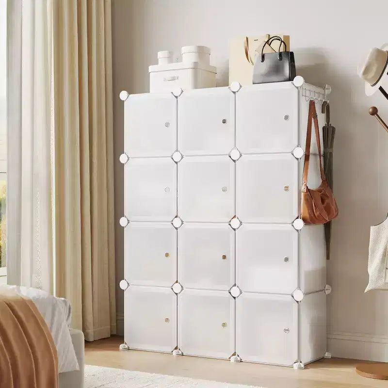 Modular Shoe Rack, Space-saving, 12 Stackable Cubes with Doors, 4-tier Stackable Portable Shoe Organizer, for Bedroom, Living Room