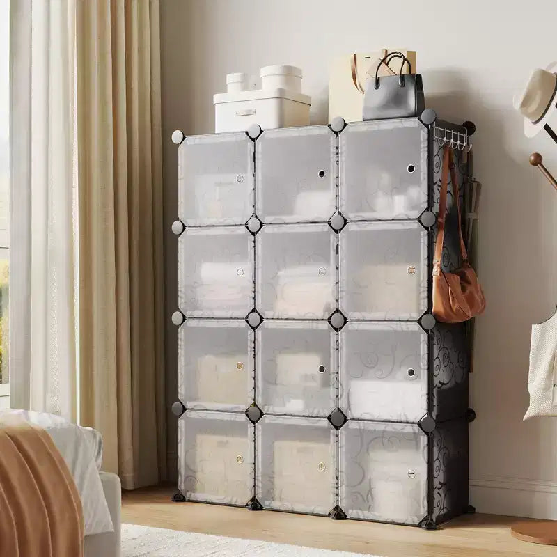 Modular Shoe Rack, Space-saving, 12 Stackable Cubes with Doors, 4-tier Stackable Portable Shoe Organizer, for Bedroom, Living Room