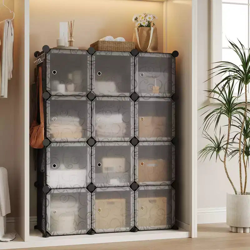 Modular Shoe Rack, Space-saving, 12 Stackable Cubes with Doors, 4-tier Stackable Portable Shoe Organizer, for Bedroom, Living Room
