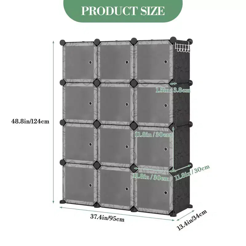 Modular Shoe Rack, Space-saving, 12 Stackable Cubes with Doors, 4-tier Stackable Portable Shoe Organizer, for Bedroom, Living Room