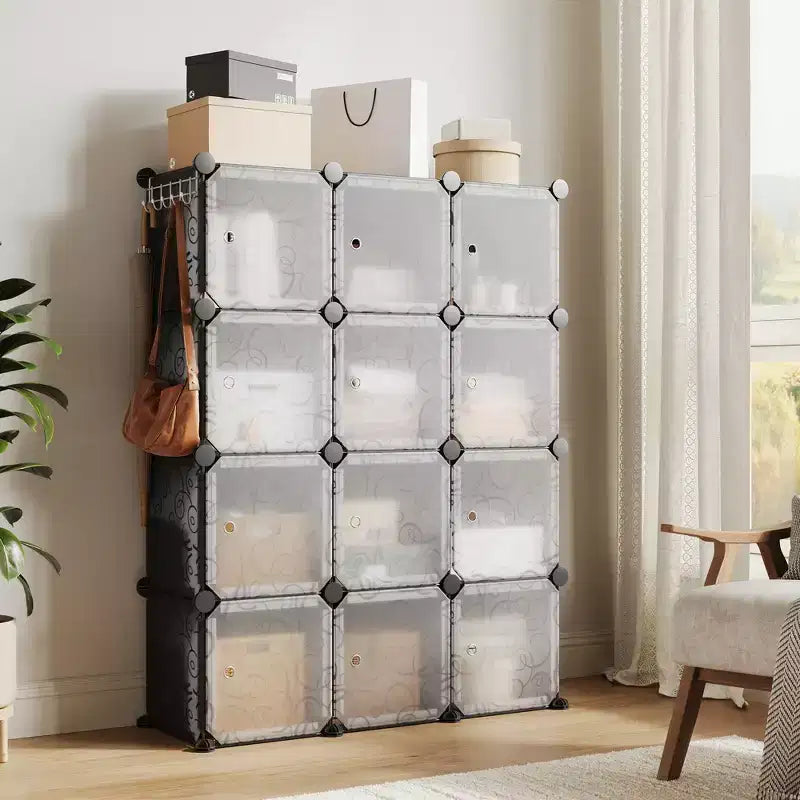 Modular Shoe Rack, Space-saving, 12 Stackable Cubes with Doors, 4-tier Stackable Portable Shoe Organizer, for Bedroom, Living Room