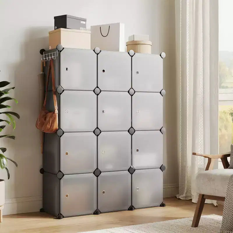 Modular Shoe Rack, Space-saving, 12 Stackable Cubes with Doors, 4-tier Stackable Portable Shoe Organizer, for Bedroom, Living Room
