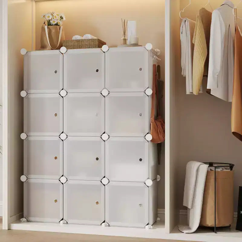 Modular Shoe Rack, Space-saving, 12 Stackable Cubes with Doors, 4-tier Stackable Portable Shoe Organizer, for Bedroom, Living Room