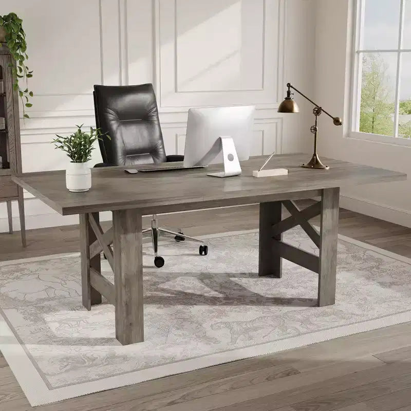 71 Farmhouse Dining Table for 6-8, Rectangular Wooden Kitchen Table with a Sturdy Trestle Base for Family Gatherings