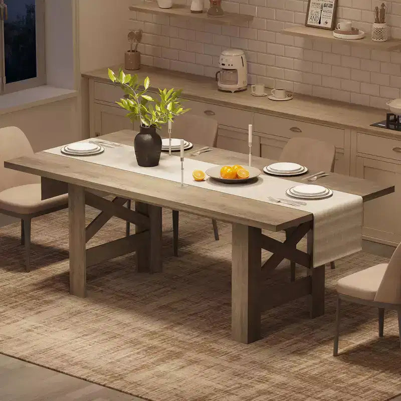 71 Farmhouse Dining Table for 6-8, Rectangular Wooden Kitchen Table with a Sturdy Trestle Base for Family Gatherings