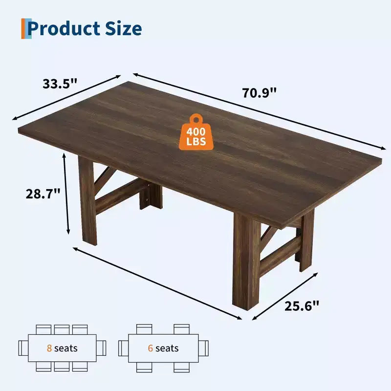 71 Farmhouse Dining Table for 6-8, Rectangular Wooden Kitchen Table with a Sturdy Trestle Base for Family Gatherings