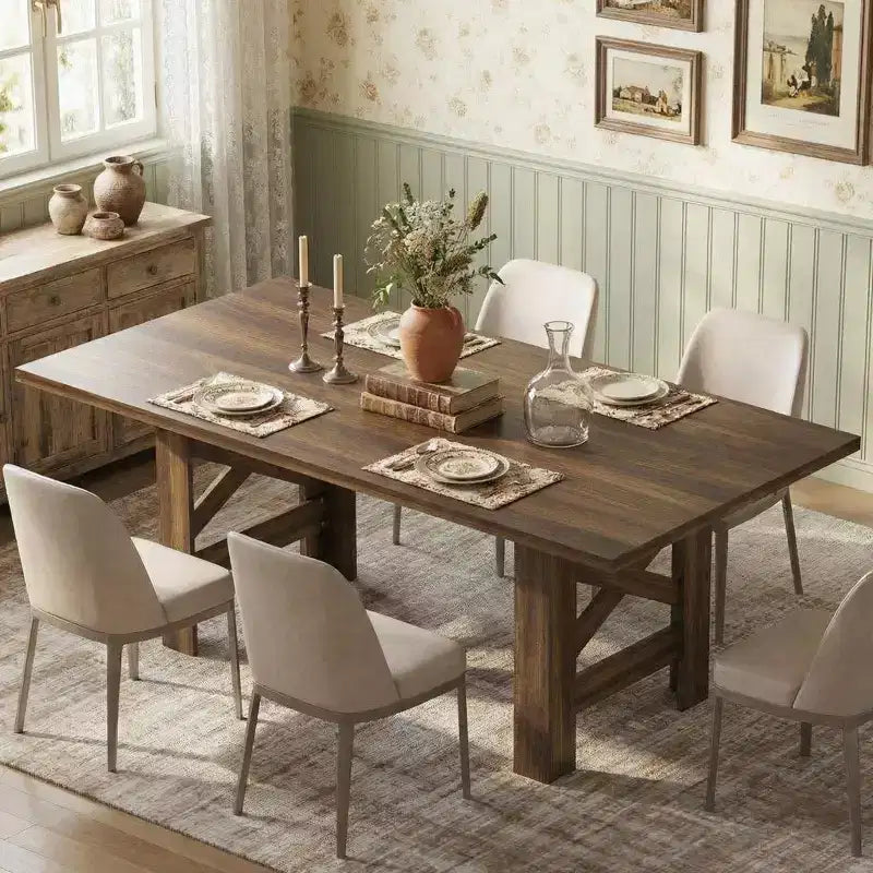 71 Farmhouse Dining Table for 6-8, Rectangular Wooden Kitchen Table with a Sturdy Trestle Base for Family Gatherings