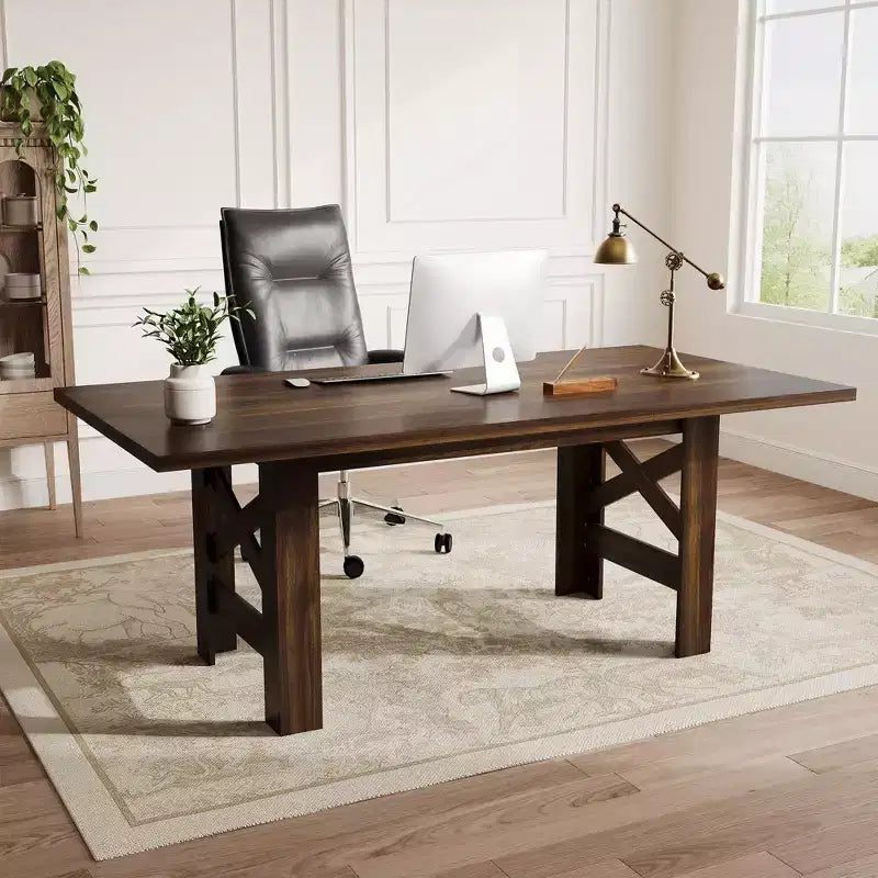 71 Farmhouse Dining Table for 6-8, Rectangular Wooden Kitchen Table with a Sturdy Trestle Base for Family Gatherings